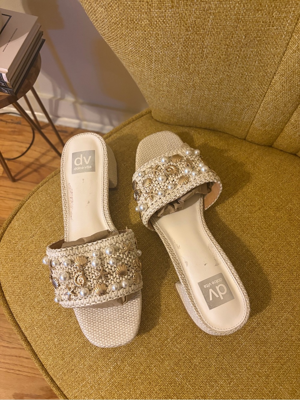 DV by Dolce Vita Cream Pearl & Shell Embellished Slide Sandals